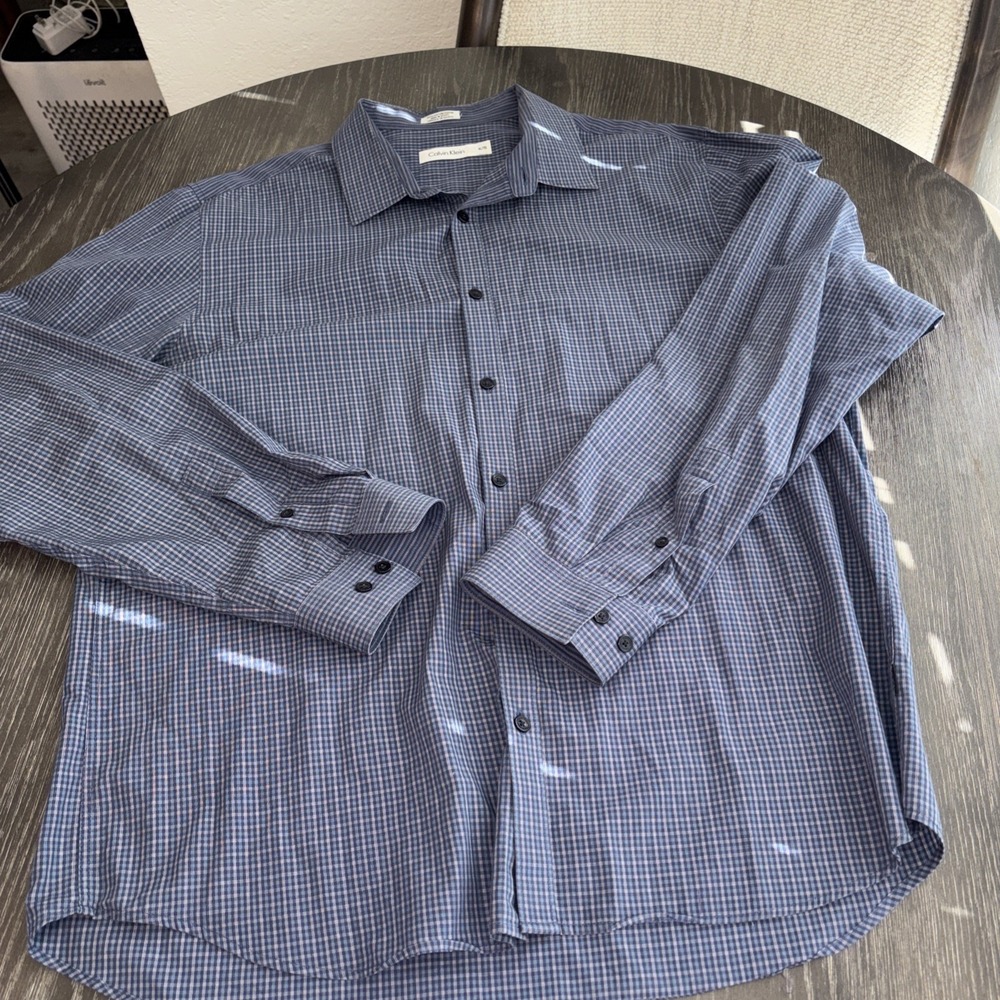 Calvin Klein NavyBlue & Gray Pattern long sleeve button up, XL, Blue & Gray